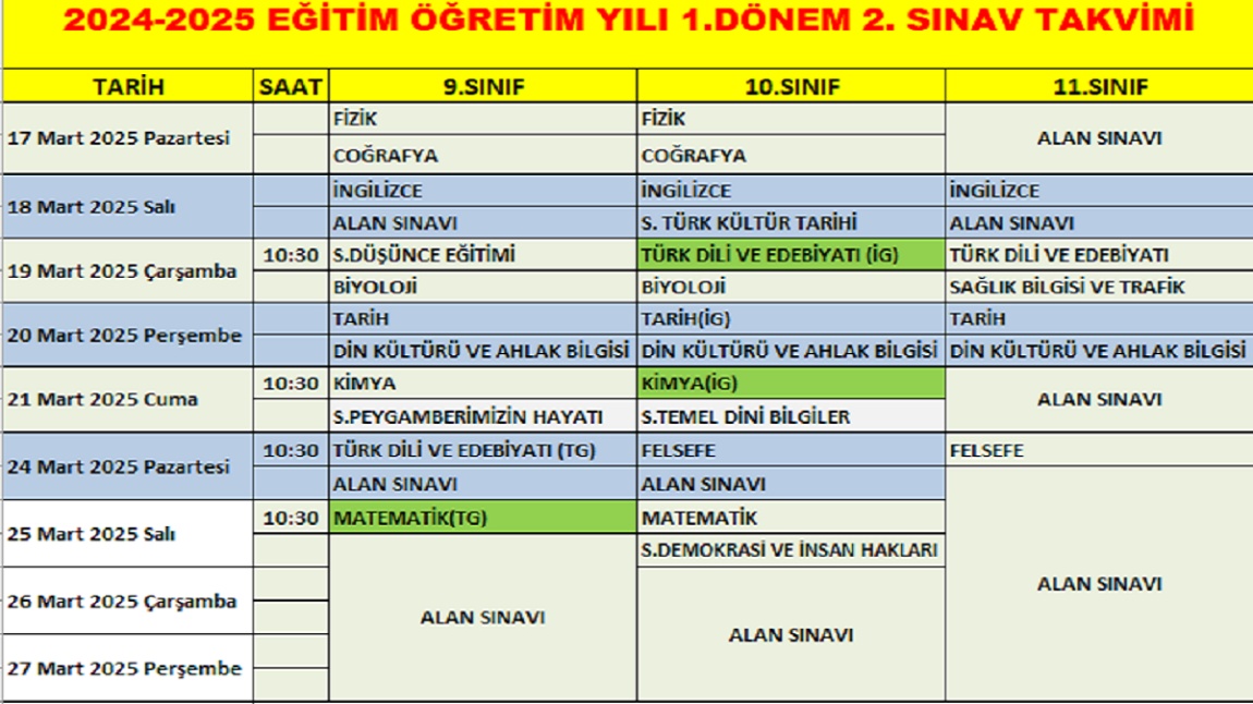 2.Dönem 1.Yazılı Sınav Takvimi